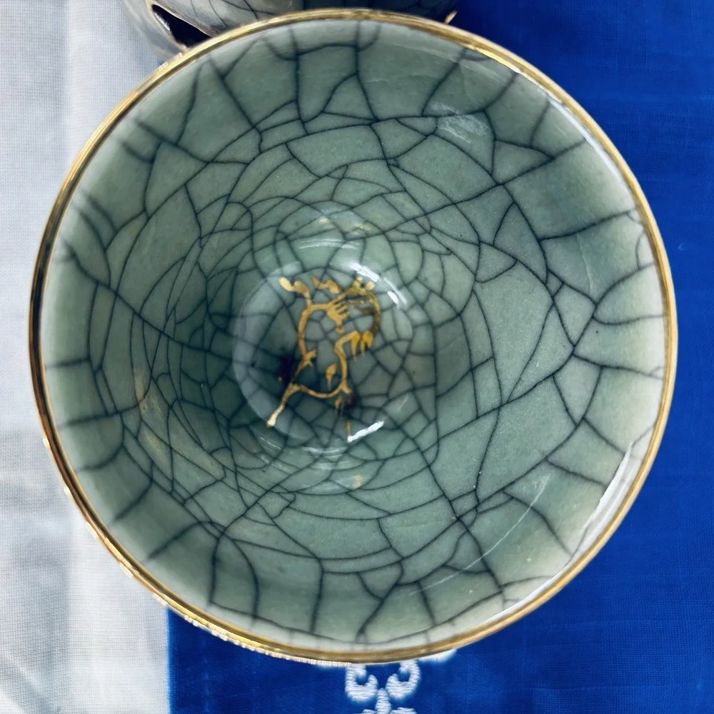 Japan Somayaki 2 Tea Cups Crackle Glaze Double Wall Heart Soma Horse Inside Gold